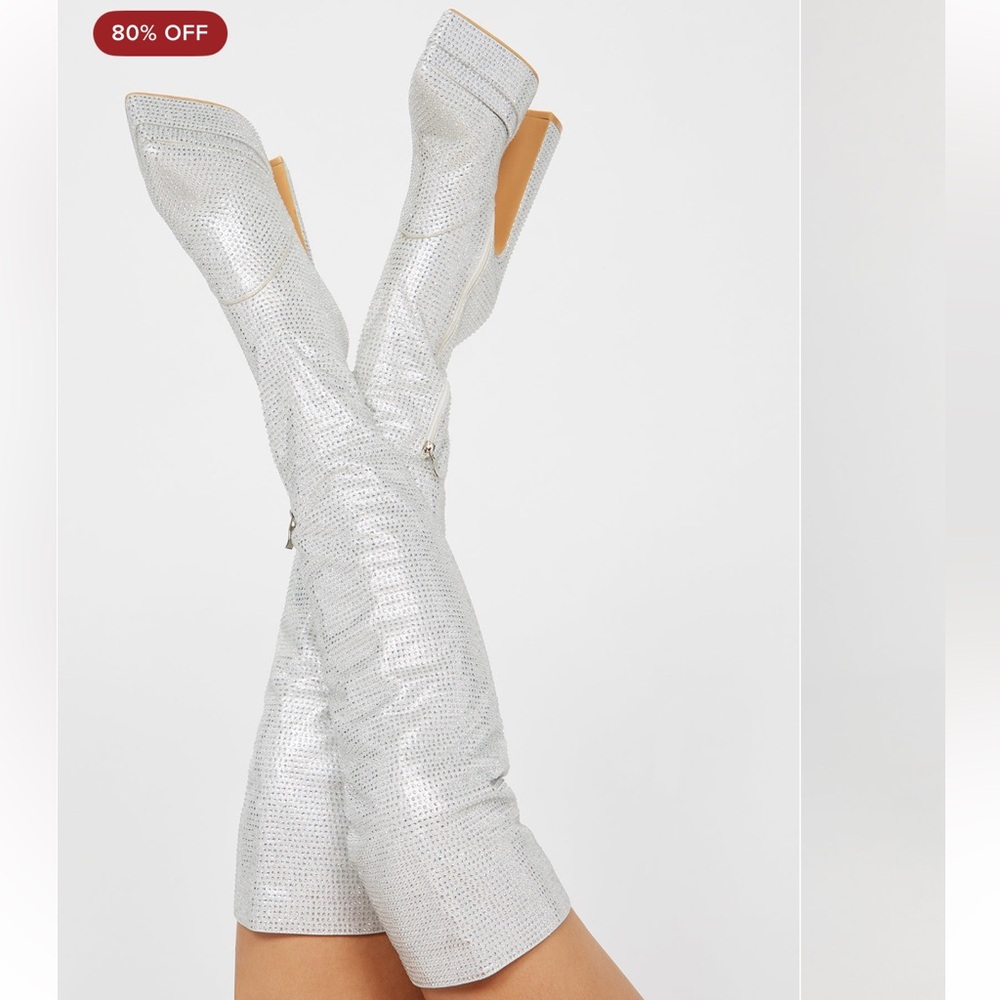 Silver Rhinestone Over The Knee Boots